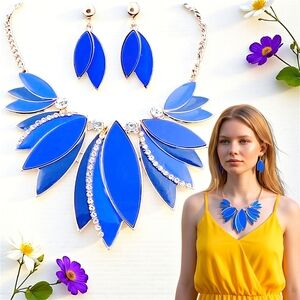 Gold plated crystal blue Leaf necklace earrings set